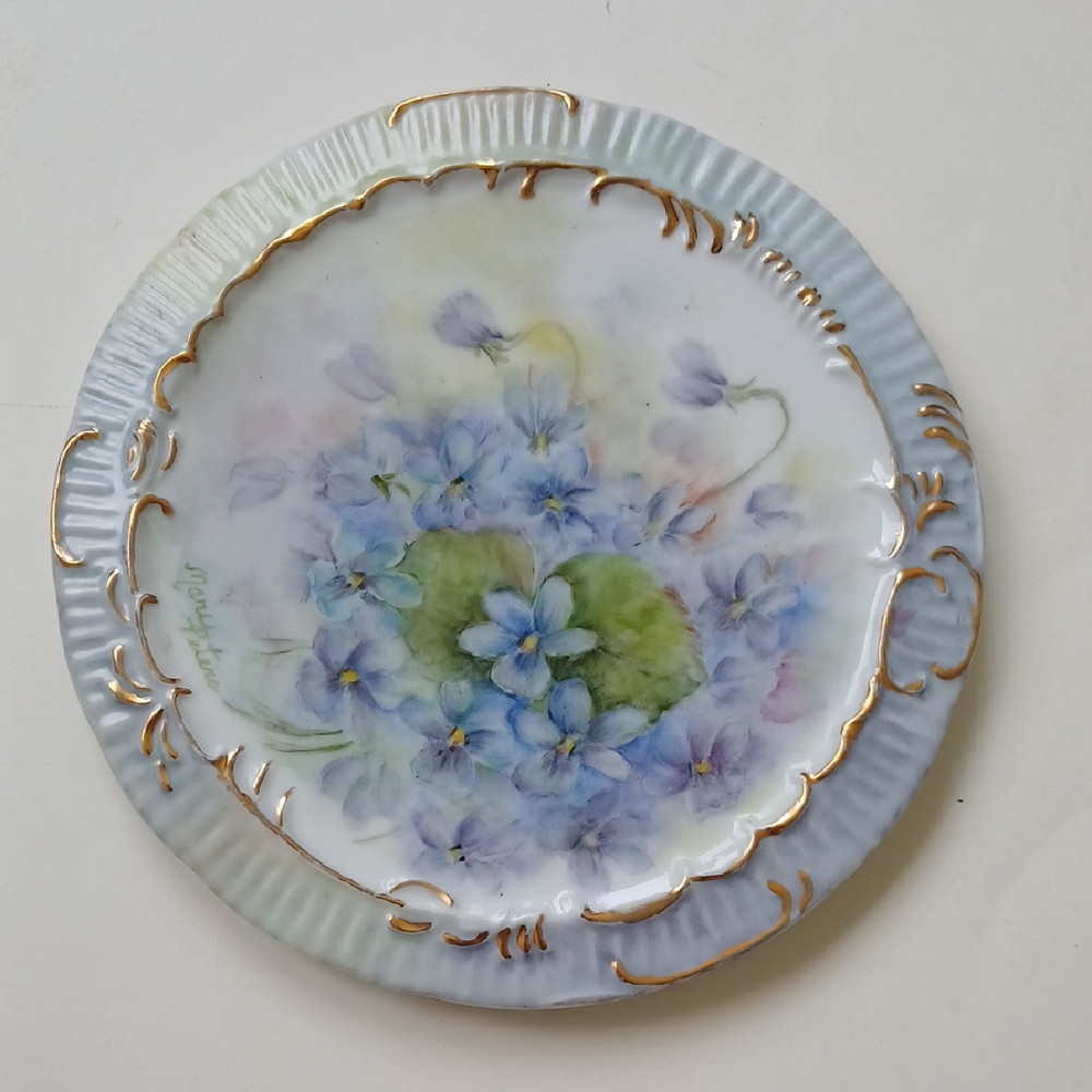 Vintage Handpainted Floral Violets Gold Detail Teapot Trivet 6.25" Wall Decor